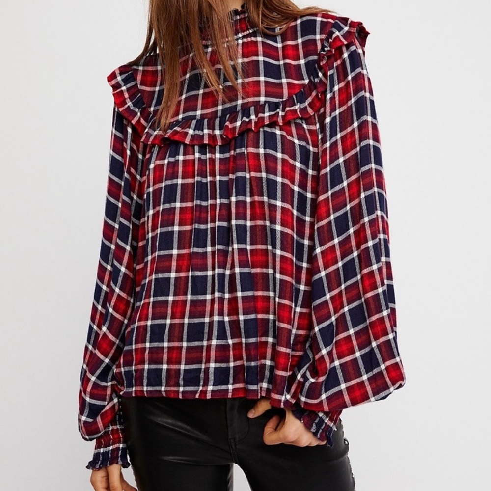 Free People red/blue plaid flannel mockneck top XS